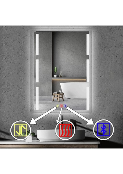 60X80 cm Bluetoothlu Buğu Çözücülü Dokunmatik Işıklı Kumlamalı Banyo Aynası modelleri