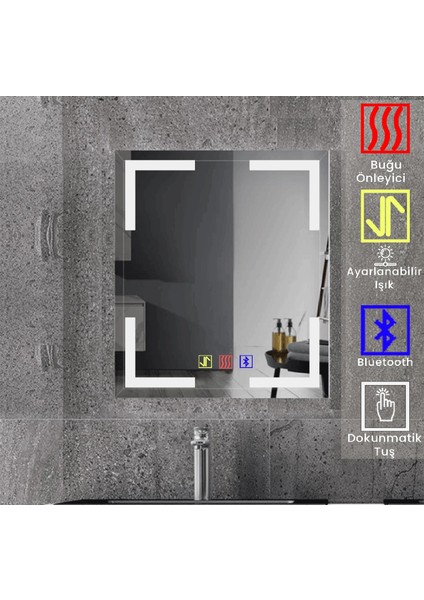 70X100 cm Bluetoothlu Buğu Çözücülü Dokunmatik Işıklı Kumlamalı Banyo Aynası