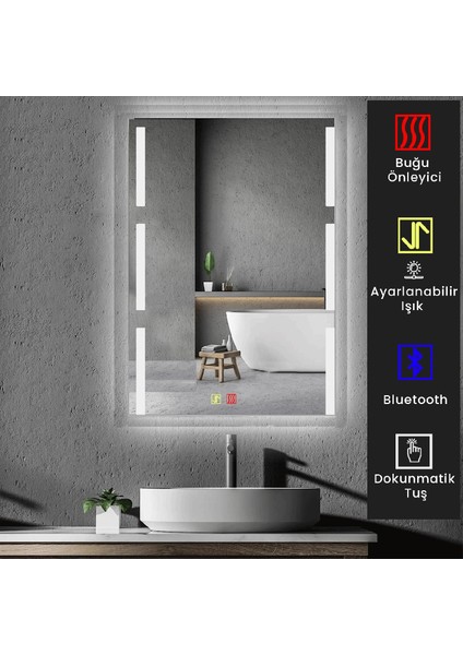 50X70 cm Bluetoothlu Buğu Çözücülü Dokunmatik Işıklı Kumlamalı Banyo Aynası modelleri