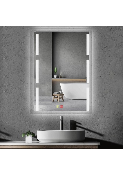 60X80 cm Buğu Çözücülü Dokunmatik Işıklı Kumlamalı Banyo Aynası