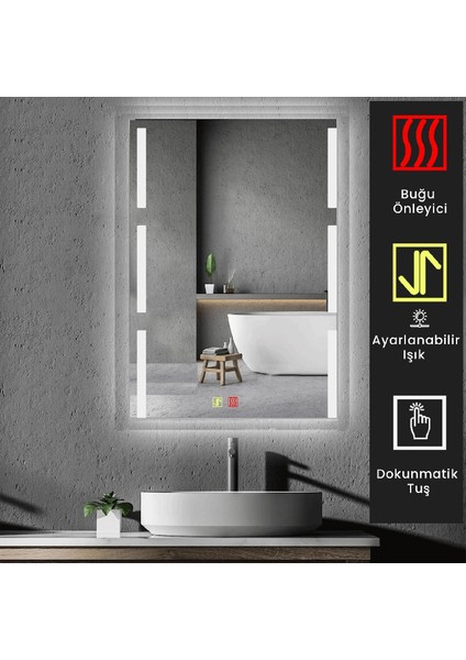 60X80 cm Buğu Çözücülü Dokunmatik Işıklı Kumlamalı Banyo Aynası modelleri