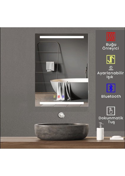 70X120 cm Bluetoothlu Buğu Çözücülü Dokunmatik Işıklı Kumlamalı Banyo Aynası modelleri