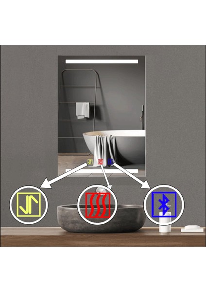 60X80 cm Bluetoothlu Buğu Çözücülü Dokunmatik Işıklı Kumlamalı Banyo Aynası fiyatları