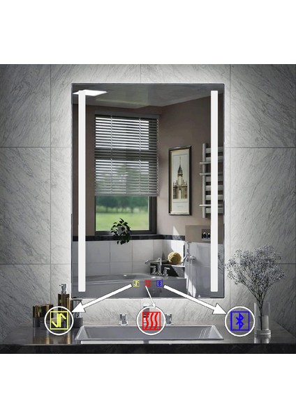 50X70 cm Bluetoothlu Buğu Çözücülü Dokunmatik Işıklı Kumlamalı Banyo Aynası