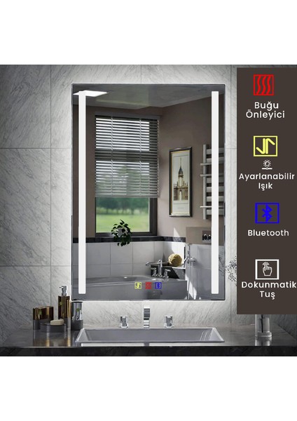 60X80 cm Bluetoothlu Buğu Çözücülü Dokunmatik Işıklı Kumlamalı Banyo Aynası modelleri