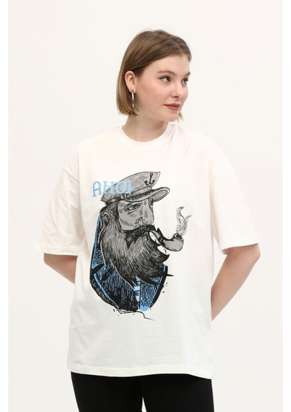 Beyaz %100 Pamuk Baskılı Oversize Dik Yaka Örme T-Shirt
