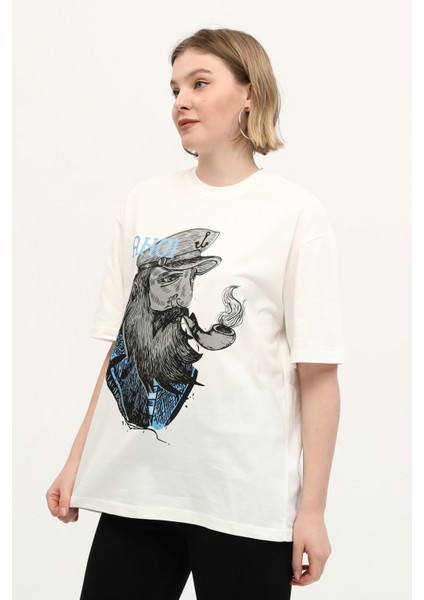 Beyaz %100 Pamuk Baskılı Oversize Dik Yaka Örme T-Shirt