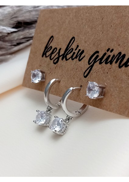 925 Ayar Gümüş Ikili Sallantılı Zirkon Tek Taşlı Küpe