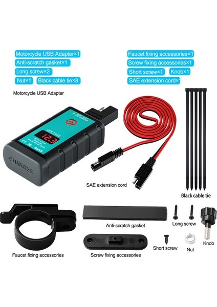 Chembo Motosiklet Çift Qc3.0 Şarj Cihazı Sae Fişi 1m Bağlantı Kablosu Iki Sae Uçlu USB Cep Telefonu Şarj Cihazı Voltmetre Su Geçirmez () (Yurt Dışından)