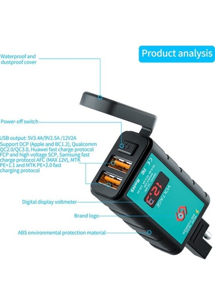 Chembo Motosiklet Çift Qc3.0 Şarj Cihazı Sae Fişi 1m Bağlantı Kablosu Iki Sae Uçlu USB Cep Telefonu Şarj Cihazı Voltmetre Su Geçirmez () (Yurt Dışından) modelleri
