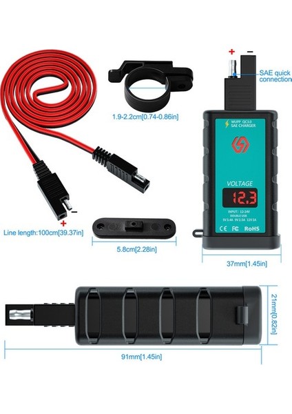 Chembo Motosiklet Çift Qc3.0 Şarj Cihazı Sae Fişi 1m Bağlantı Kablosu Iki Sae Uçlu USB Cep Telefonu Şarj Cihazı Voltmetre Su Geçirmez () (Yurt Dışından) indirimleri