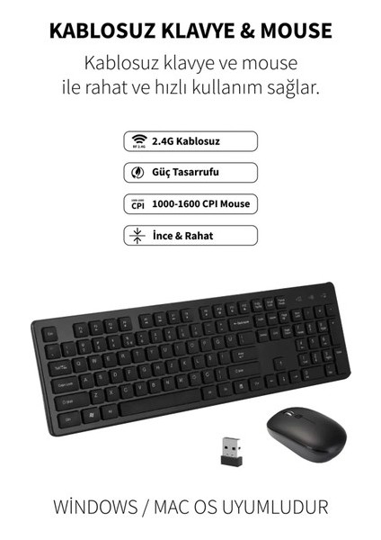 Micropack Windows Macos Uyumlu 1600 Cpı Hız Wireless Sessiz Güç Tasarruflu Kablosuz Türkçe Q Klavye Mouse Set KM-236W (Yurt Dışından)