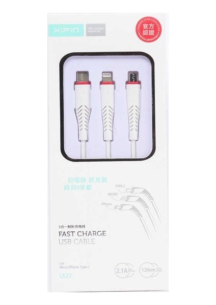 Xipin LX22 3 In 1 USB Kablo 2.1A Şarj Kablosu 120 cm Lightning - Type-C - Micro (Yurt Dışından)
