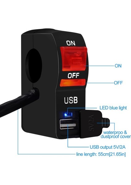 Chembo Motosiklet Far Şeffaf Anahtarı 12V Gösterge Işığı ile Tek USB Şarj Aleti Gidon Sabit Anahtarı () (Yurt Dışından) modelleri
