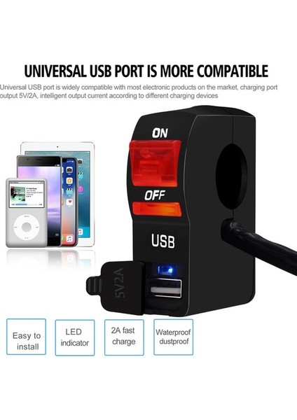Chembo Motosiklet Far Şeffaf Anahtarı 12V Gösterge Işığı ile Tek USB Şarj Aleti Gidon Sabit Anahtarı () (Yurt Dışından) fırsatları