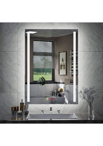 50X70 cm Buğu Çözücülü Dokunmatik Işıklı Kumlamalı Banyo Aynası
