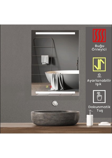 70X100 cm Buğu Çözücülü Dokunmatik Işıklı Kumlamalı Banyo Aynası modelleri