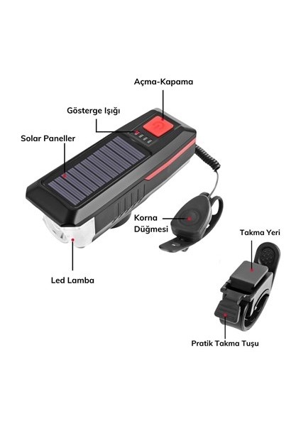 Solar Enerjili USB ile Şarj Edilebilir Ledli Bisiklet Feneri Kornalı ve Su Geçirmez Far