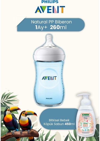 Philips Avent Natural Pp Biberon Mavi 1m+ 260 ml + Green Clean Baby Köpük Sabun Portakal Yağlı 450 ml