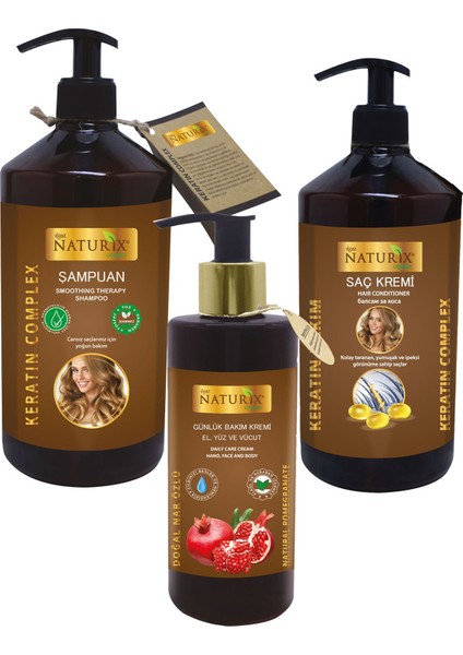 Tuzsuz Keratin Şampuan 600 ml + 500 ml Keratin Saç Kremi + 250 ml Nar Özlü El, Yüz Vücut Kremi 3'lü Set