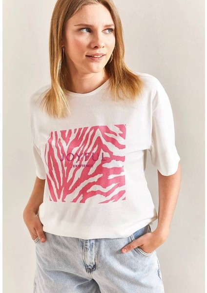 Baskılı Basic Bisiklet Yaka Örme T-Shirt Önü Pembe
