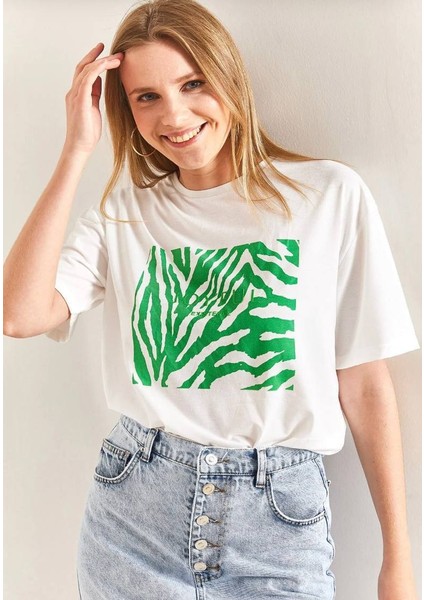 Baskılı Basic Bisiklet Yaka Örme T-Shirt Önü Yeşil