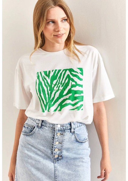 Baskılı Basic Bisiklet Yaka Örme T-Shirt Önü Yeşil