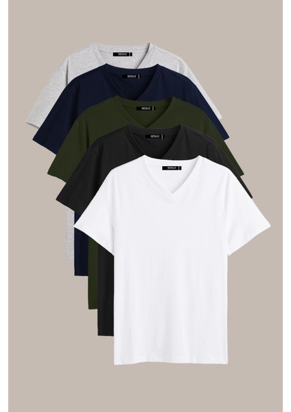 Metalıc Erkek Çok Renkli T- Shirt Regular Fit Rahat Kesim V Yaka 5'li Basic Tişört Paketi