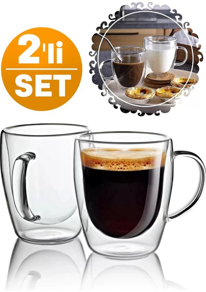 Tilbe Home Çift Cidarlı Bardak Cam Kupa 310 ml Ev Ofis Espresso Kahve Sunum Bardağı Isıya Dayanıklı Kahve Fincanı Borosilikat Kulplu Çay Bardağı