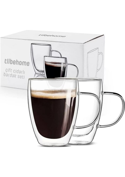 Tilbe Home Çift Cidarlı Bardak Cam Kupa 310 ml Ev Ofis Espresso Kahve Sunum Bardağı Isıya Dayanıklı Kahve Fincanı Borosilikat Kulplu Çay Bardağı