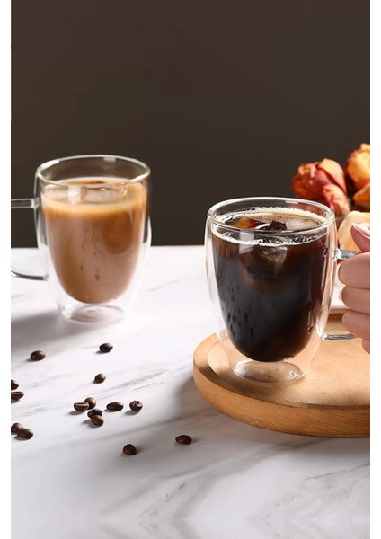 Tilbe Home Çift Cidarlı Bardak Cam Kupa 310 ml Ev Ofis Espresso Kahve Sunum Bardağı Isıya Dayanıklı Kahve Fincanı Borosilikat Kulplu Çay Bardağı