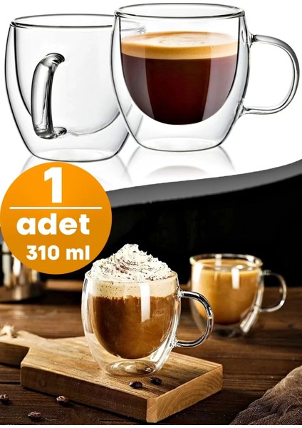 Tilbe Home Çift Cidarlı Cam Bardak Kupa 310 ml Ev Ofis Espresso Kahve Fincanı Borosilikat Kulplu Çay Bardağı