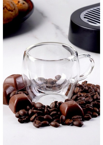 Tilbe Home Çift Cidarlı Cam Bardak Kupa 310 ml Ev Ofis Espresso Kahve Fincanı Borosilikat Kulplu Çay Bardağı