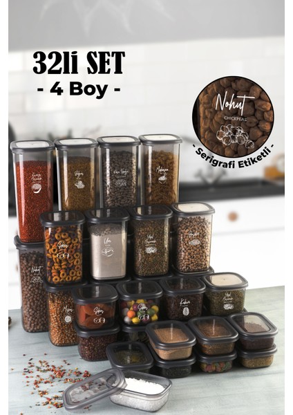 Beyaz Serigrafili Peggy Kare ve Dikdörtgen Saklama Kabı Seti Antrasit 32'li