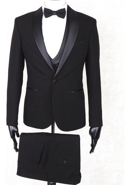 Slimfit Siyah Şal Yaka Damatlık Takım Ceket - Yelek - Pantolon - Gömlek - Papyon
