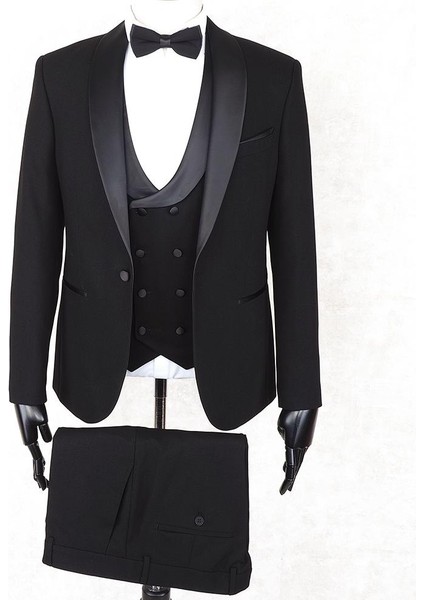 Slimfit Siyah Şal Yaka Damatlık Takım Ceket - Yelek - Pantolon - Gömlek - Papyon fiyatları