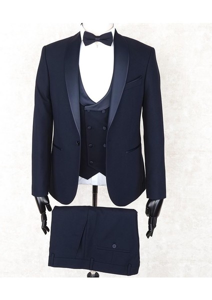 Slimfit Siyah Şal Yaka Damatlık Takım Ceket - Yelek - Pantolon - Gömlek - Papyon