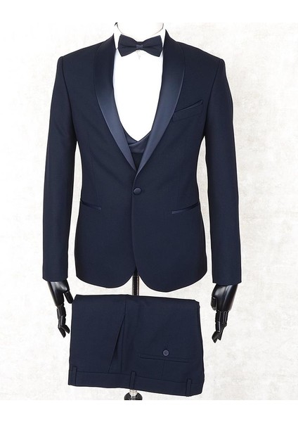 Slimfit Siyah Şal Yaka Damatlık Takım Ceket - Yelek - Pantolon - Gömlek - Papyon