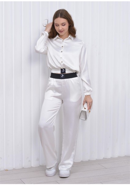 Kadın Beli Lastikli Crop Model Saten Bluz Beyaz
