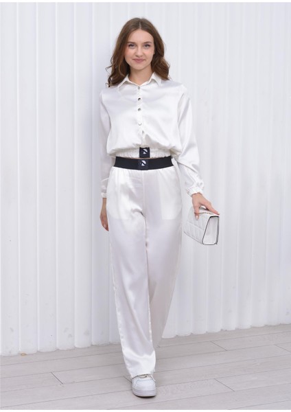 Kadın Beli Lastikli Crop Model Saten Bluz Beyaz fiyatları