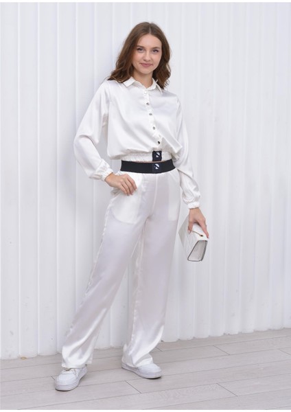 Kadın Beli Lastikli Crop Model Saten Bluz Beyaz fırsatları