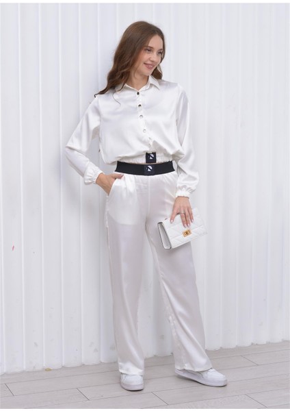Kadın Beli Lastikli Crop Model Saten Bluz Beyaz indirimleri