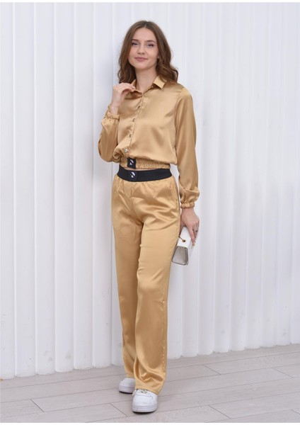 Kadın Beli Lastikli Crop Model Saten Bluz Gold