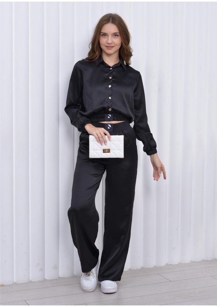 Kadın Beli Lastikli Crop Model Saten Bluz Siyah fırsatları