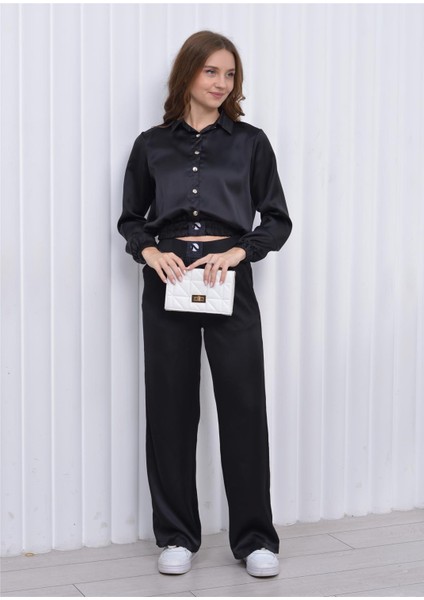 Kadın Beli Lastikli Crop Model Saten Bluz Siyah indirimleri