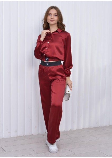 Kadın Beli Lastikli Crop Model Saten Bluz Bordo fiyatları