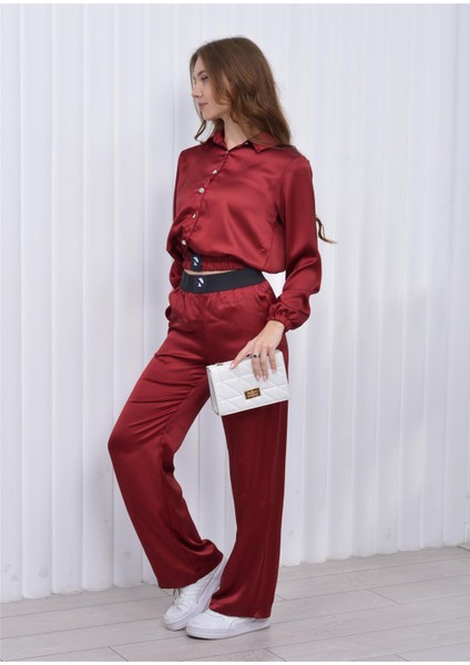 Kadın Beli Lastikli Crop Model Saten Bluz Bordo modelleri