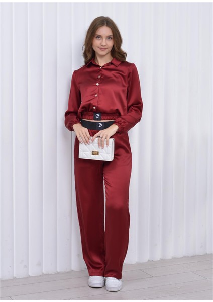 Kadın Beli Lastikli Crop Model Saten Bluz Bordo fırsatları