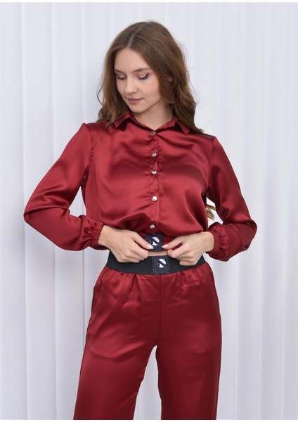 Kadın Beli Lastikli Crop Model Saten Bluz Bordo indirimleri