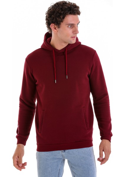 Bordo Regular Fit Düz Pamuklu Kanguru Cep Kapüşonlu Sweatshirt